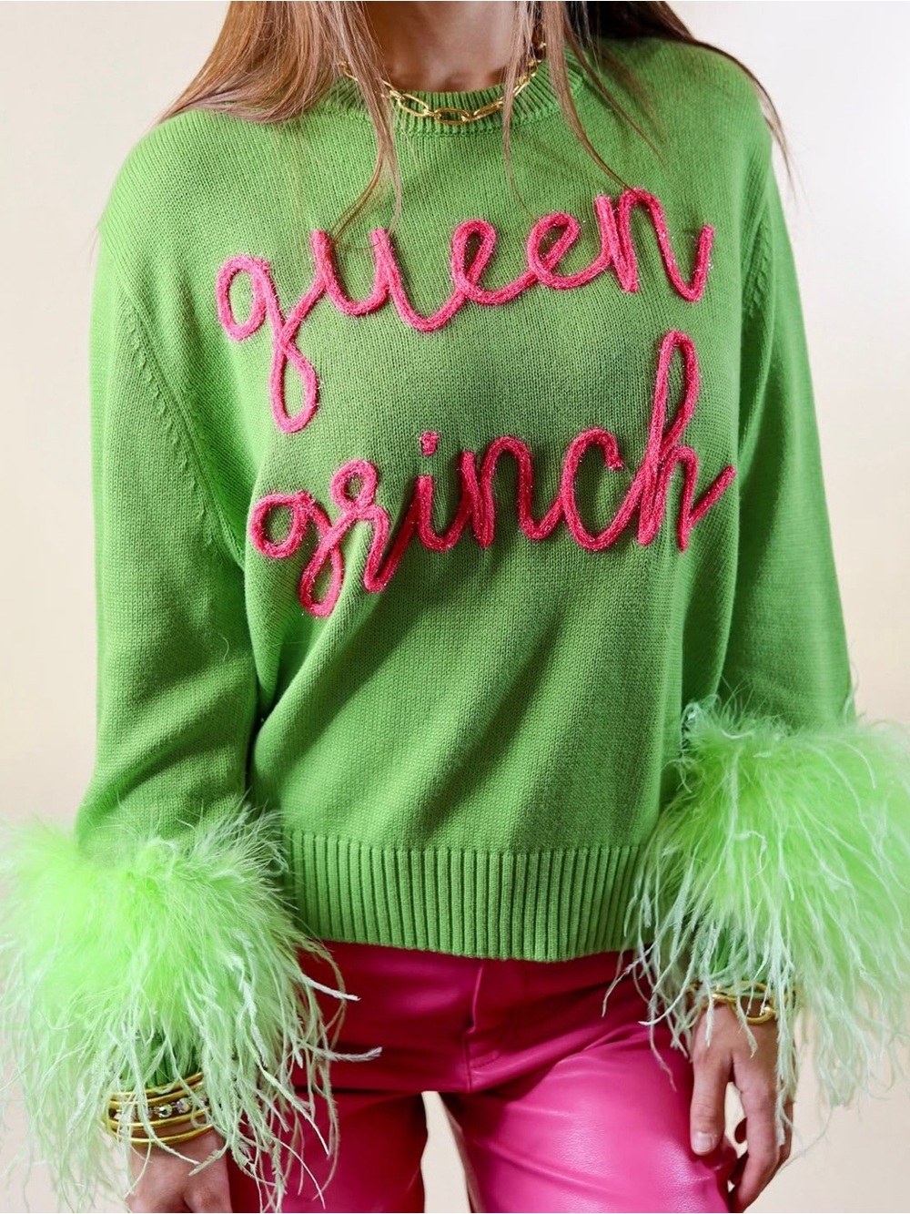 Queen of Sparkles Queen Grinch Feather Cuff Christmas Sweater XL